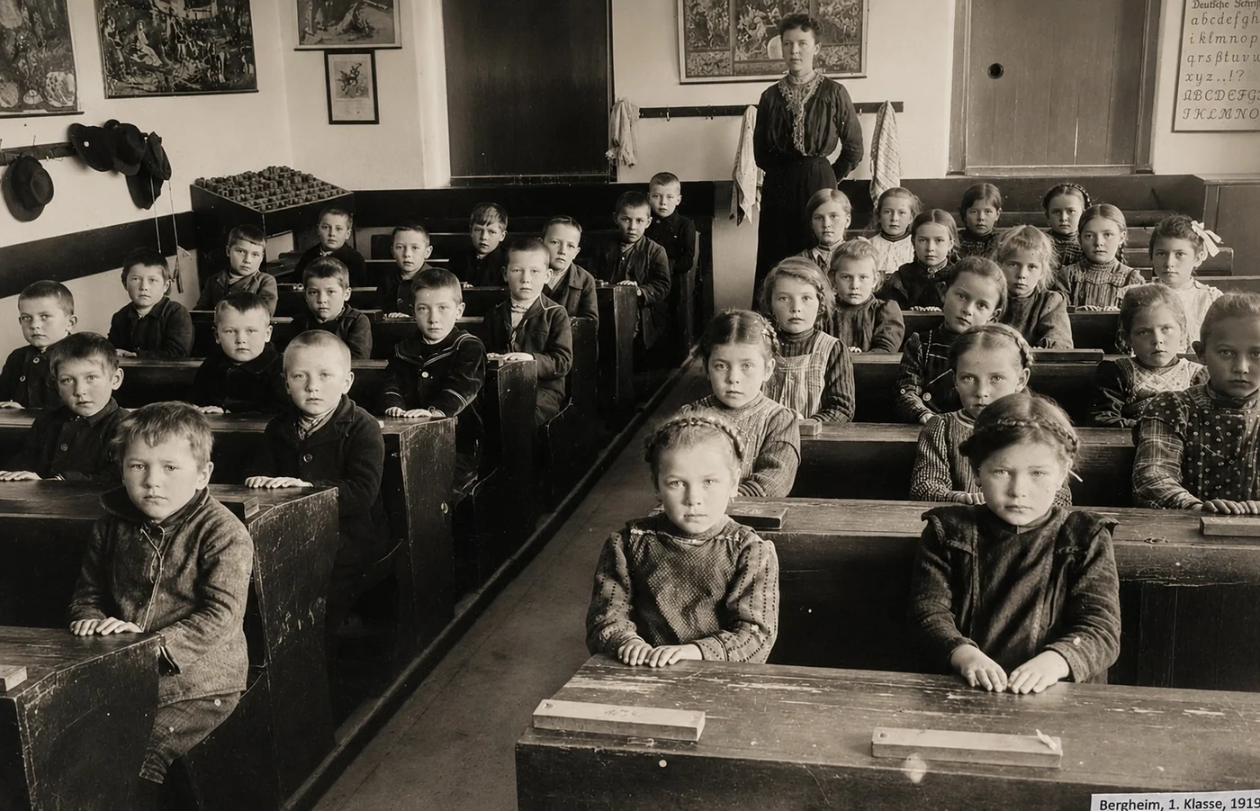 Verbesserte historische Aufnahme einer Schulklasse von 1919